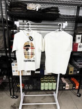 BAPE White Graphic Tee with Plaid Ape Head
